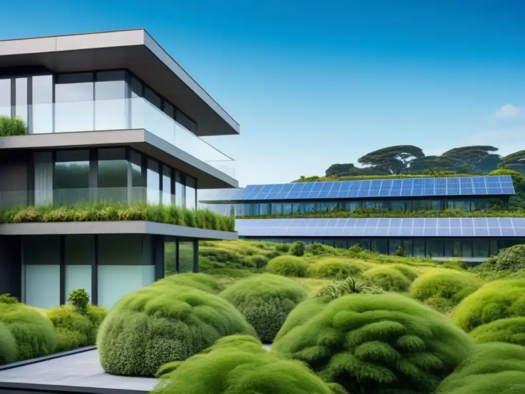 Edificio sustentable: arquitectura moderna en armonía con la naturaleza Un edificio moderno rodeado de vegetación, con paneles solares y techos verdes