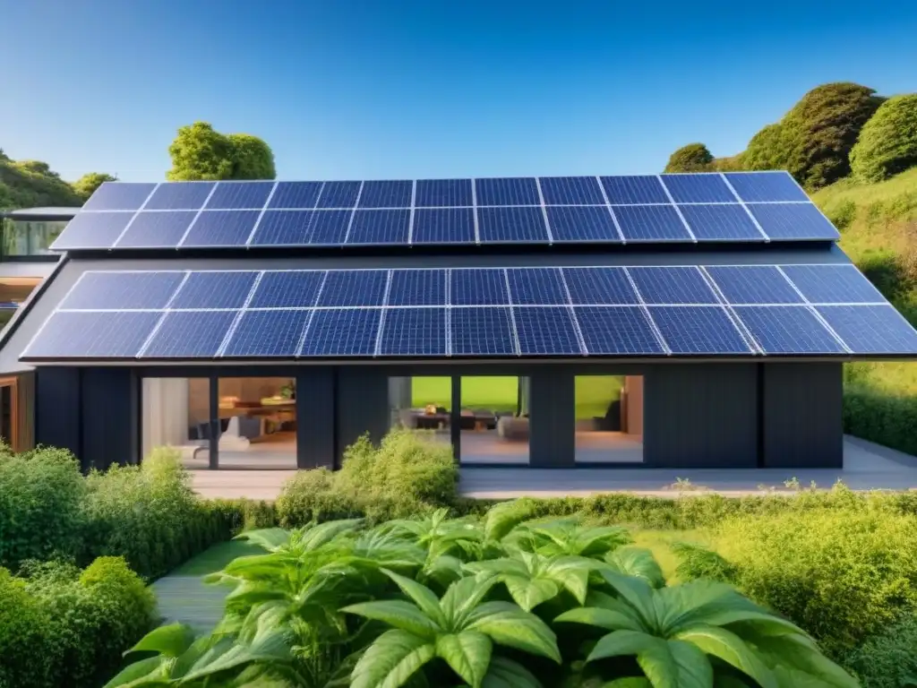Edificio sostenible: innovación y ecoamigabilidad en arquitectura moderna Un edificio moderno rodeado de vegetación, paneles solares, grandes ventanas y cielo azul