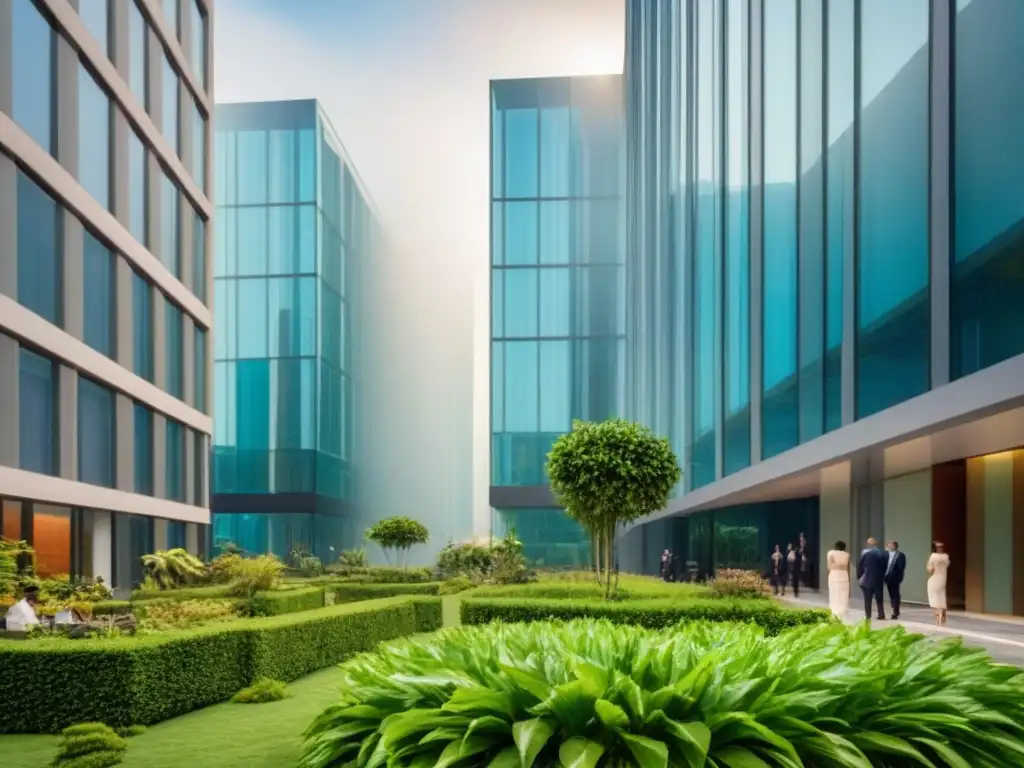 Innovadora torre de cristal en paisaje verde con profesionales debatiendo Edificio moderno rodeado de vegetación, con profesionales planificando estratégicamente en el mercado inmobiliario