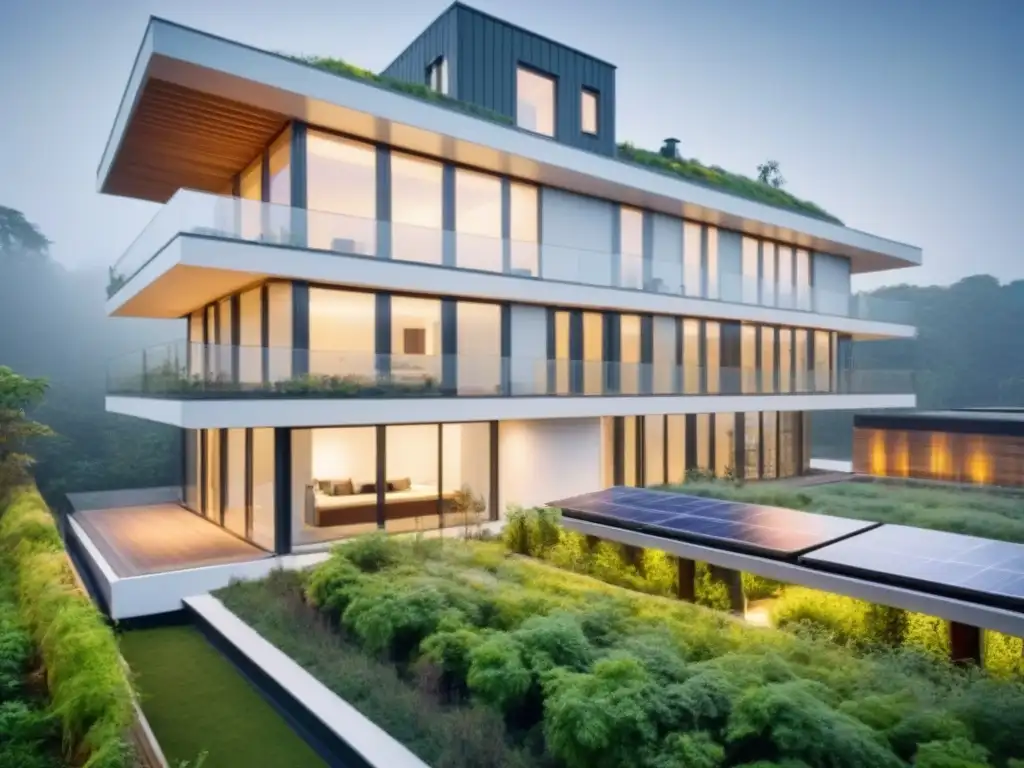 Edificio sostenible con diseño moderno y certificaciones verdes Un edificio moderno rodeado de vegetación, con techos verdes y paneles solares