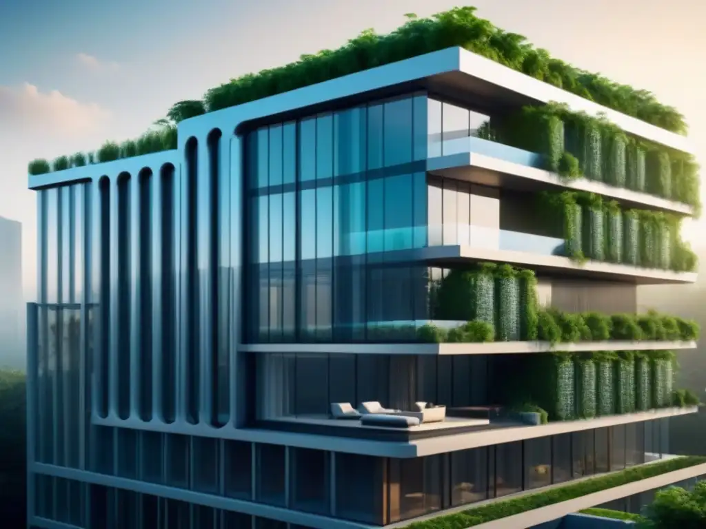 Edificio moderno con sistema de reciclaje de agua integrado Edificio moderno con sistema de reciclaje de agua integrado, rodeado de vegetación, simbolizando la construcción sostenible