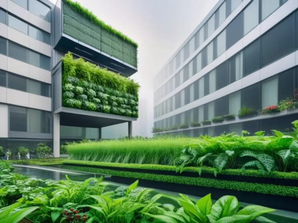Edificio sostenible con jardines verdes en la azotea Edificio moderno sostenible con jardines en la azotea y muros verdes, en entorno urbano