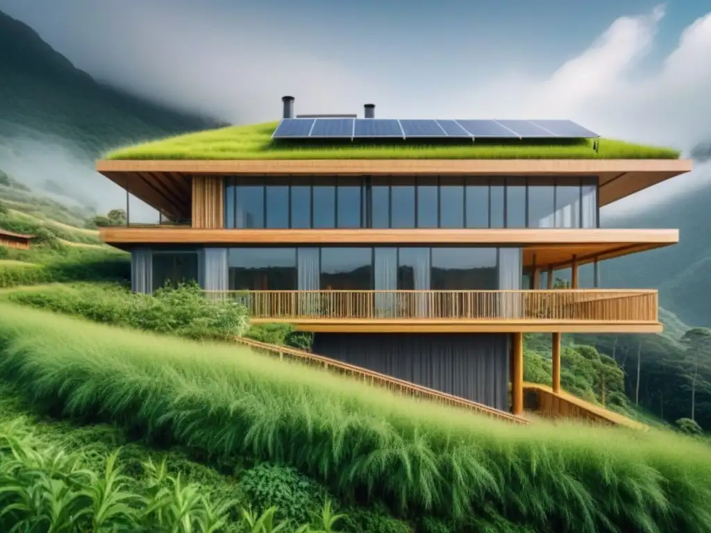 Edificio sostenible de bambú y paneles solares Edificio moderno sostenible, materiales construcción sostenibles huella carbono, detalles bambú, tejado verde y paneles solares brillantes