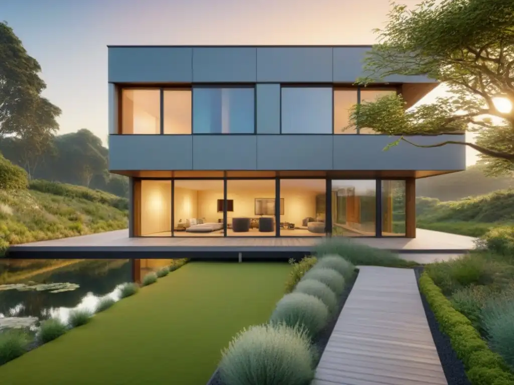 Edificio sostenible en paisaje verde: armonía natural en 8k Un edificio moderno y sostenible se integra a la perfección en un paisaje verde