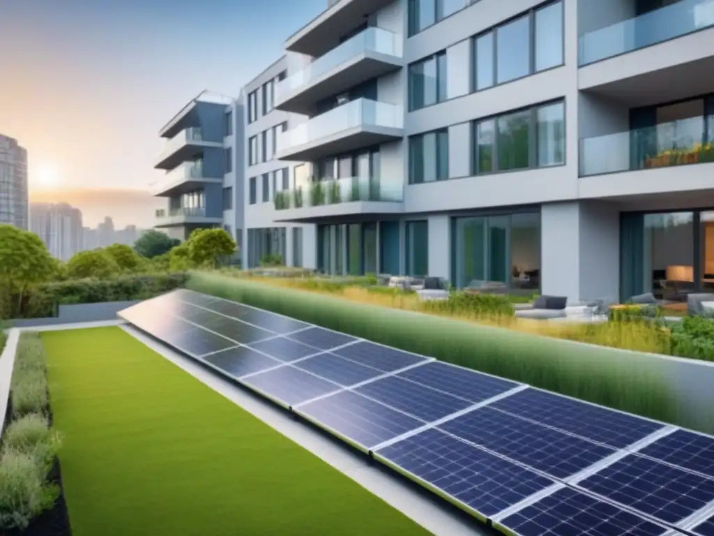 Edificio de apartamentos sostenible con diseño moderno y elegante Edificio moderno sostenible con paneles solares y jardín comunitario, reflejando inversiones sostenibles mercado inmobiliario