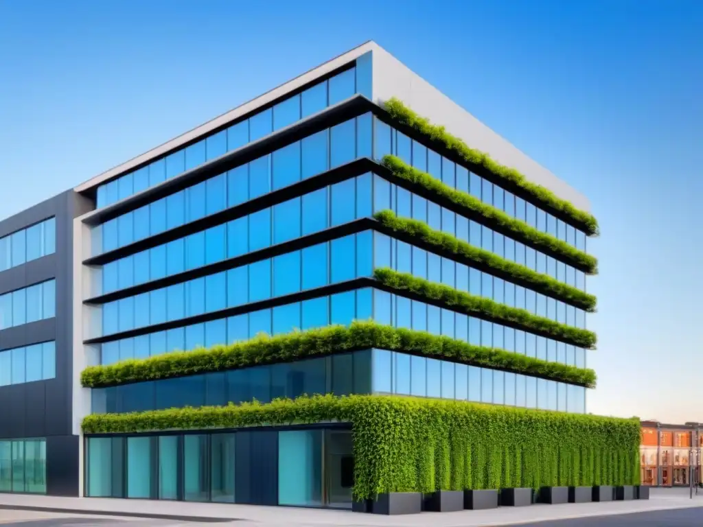 Edificio moderno y sostenible: inversión inmobiliaria rentable Un edificio moderno y sostenible con paneles solares, paredes verdes y grandes ventanas, simbolizando la sostenibilidad en inversión inmobiliaria