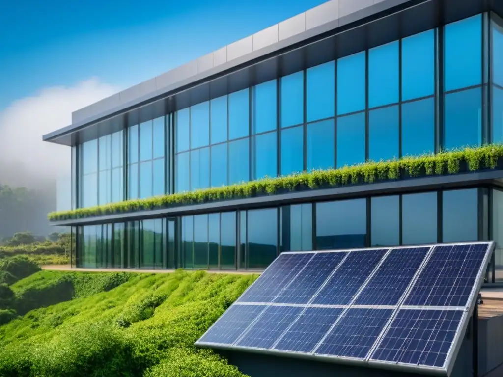 Edificio sostenible: innovación y ecología en la arquitectura Edificio moderno sostenible con paneles solares, rodeado de vegetación, cielo azul