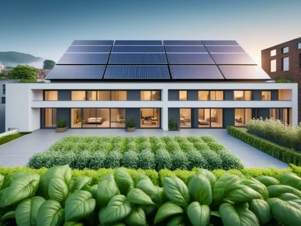 Edificio comercial moderno y sostenible en entorno urbano Edificio moderno sostenible rodeado de naturaleza con paneles solares en el techo y ciudad al fondo, ilustrando desarrollo sostenible bienes raíces