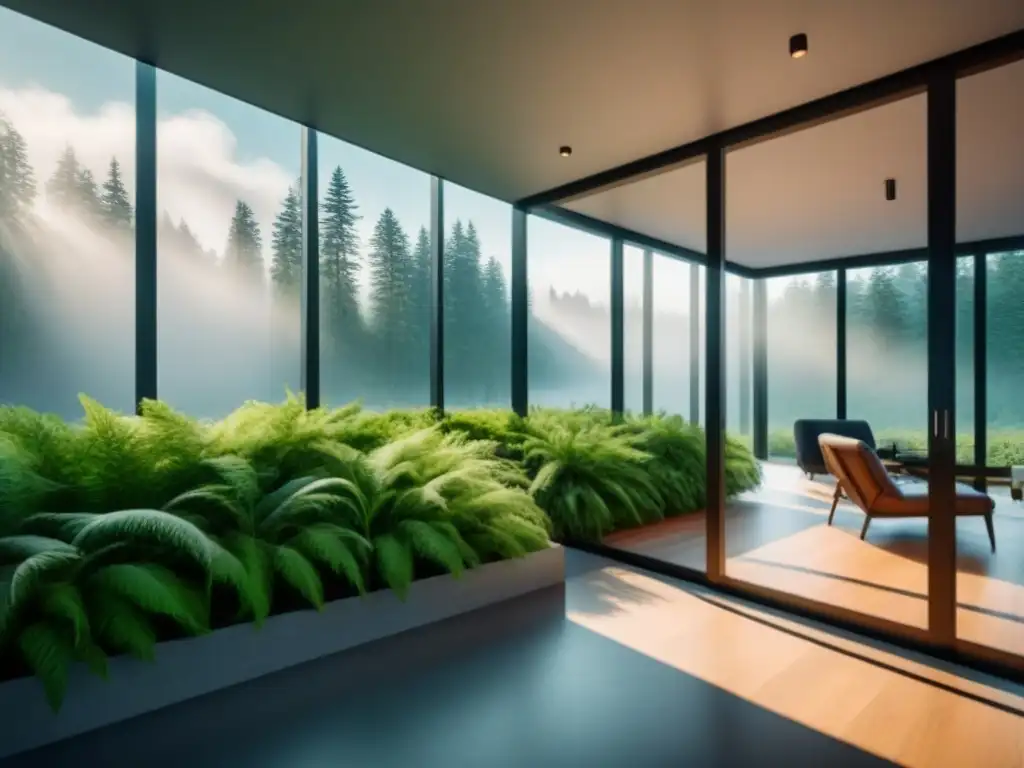 Arquitectura sostenible: Edificio moderno rodeado de naturaleza Un edificio moderno sustentable con grandes ventanas, rodeado de vegetación y luz natural