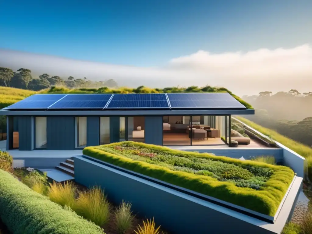 Edificio sostenible: arquitectura verde y eficiente Un edificio moderno con techo verde, paneles solares y jardín nativo, ejemplifica inversiones inmobiliarias responsabilidad ambiental