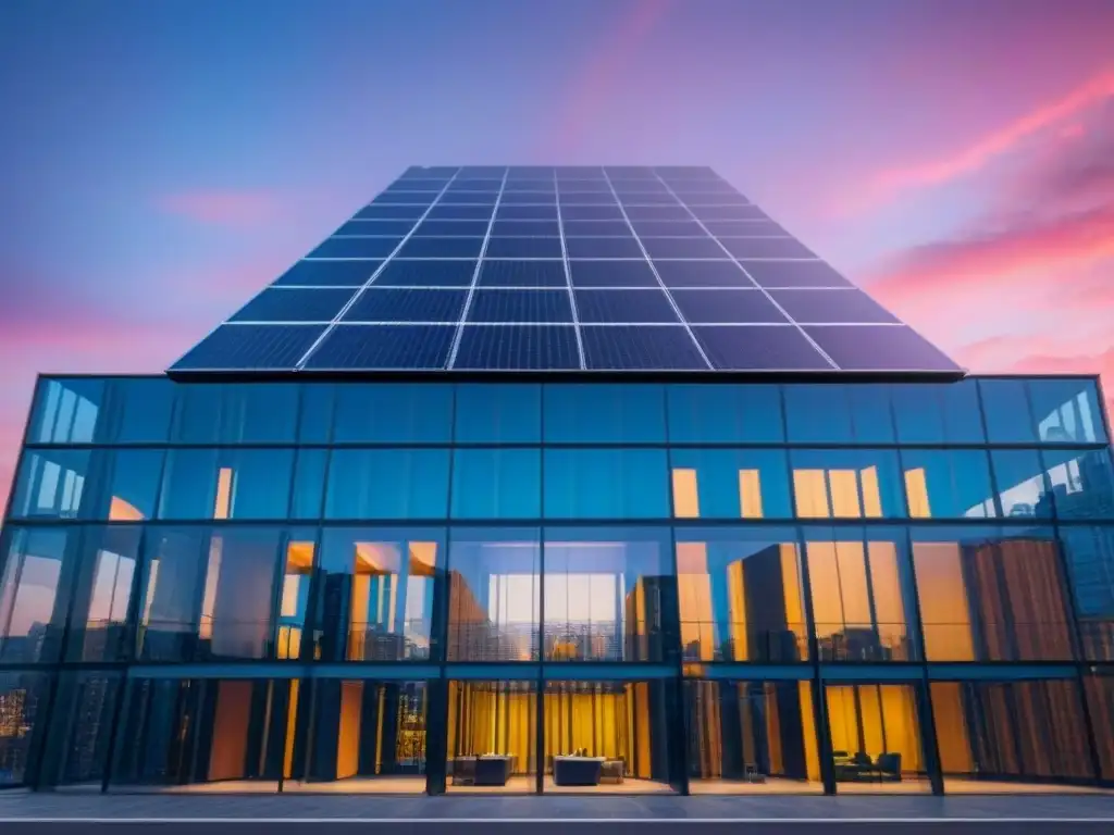 Edificio innovador con tecnología y seguro comercial Edificio moderno con tecnología en seguros propiedades comerciales, reflejando la ciudad al atardecer en sus cristales