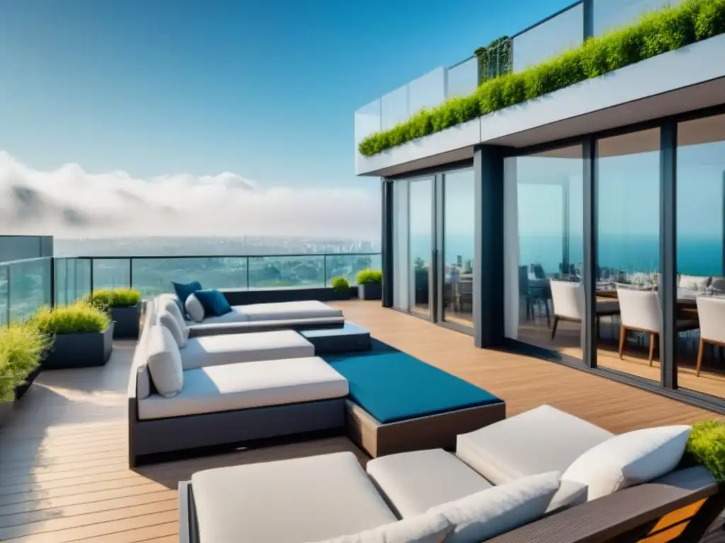 Edificio moderno con terraza verde en 8k Edificio moderno con terraza vibrante y exuberante, ideal para rentas temporales e inversión inmobiliaria
