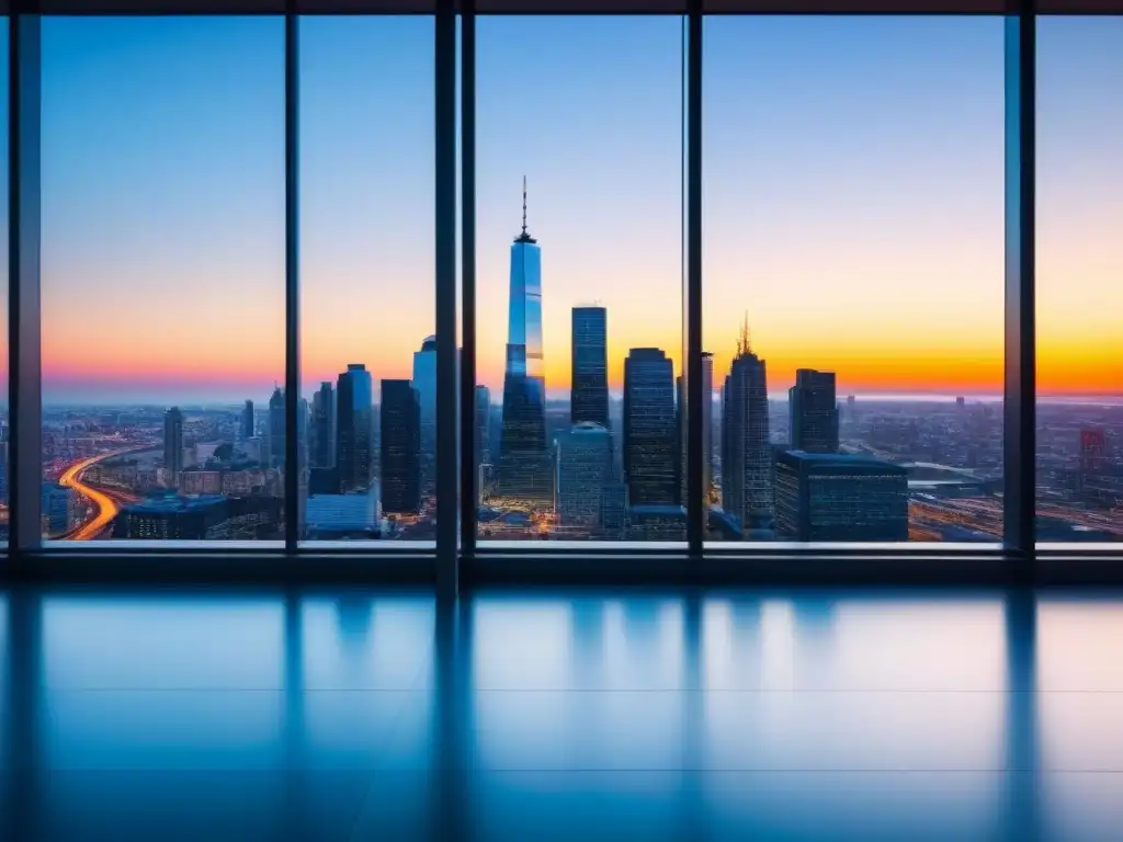 Edificio de oficinas moderno con ventanales y skyline urbano al atardecer Edificio moderno con ventanales altos reflejando el atardecer de la ciudad, simbolizando profesionalismo y éxito en inmobiliarias