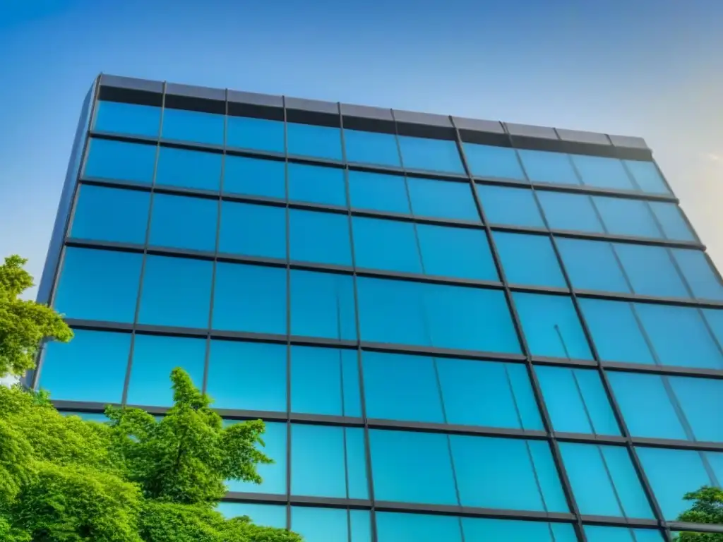 Edificio de oficinas moderno y elegante en entorno urbano dinámico Edificio moderno con ventanales y cielo azul reflejado, rodeado de naturaleza y ciudad