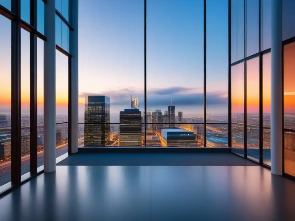 Edificio de oficinas moderno con vistas nocturnas de la ciudad Edificio moderno con ventanales que reflejan la ciudad al anochecer, destacando estrategias de rebalanceo portafolio inmobiliario