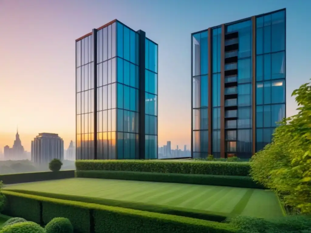 Edificio moderno al atardecer con vistas panorámicas de la ciudad Edificio moderno con ventanales reflejando la ciudad al atardecer, rodeado de vegetación