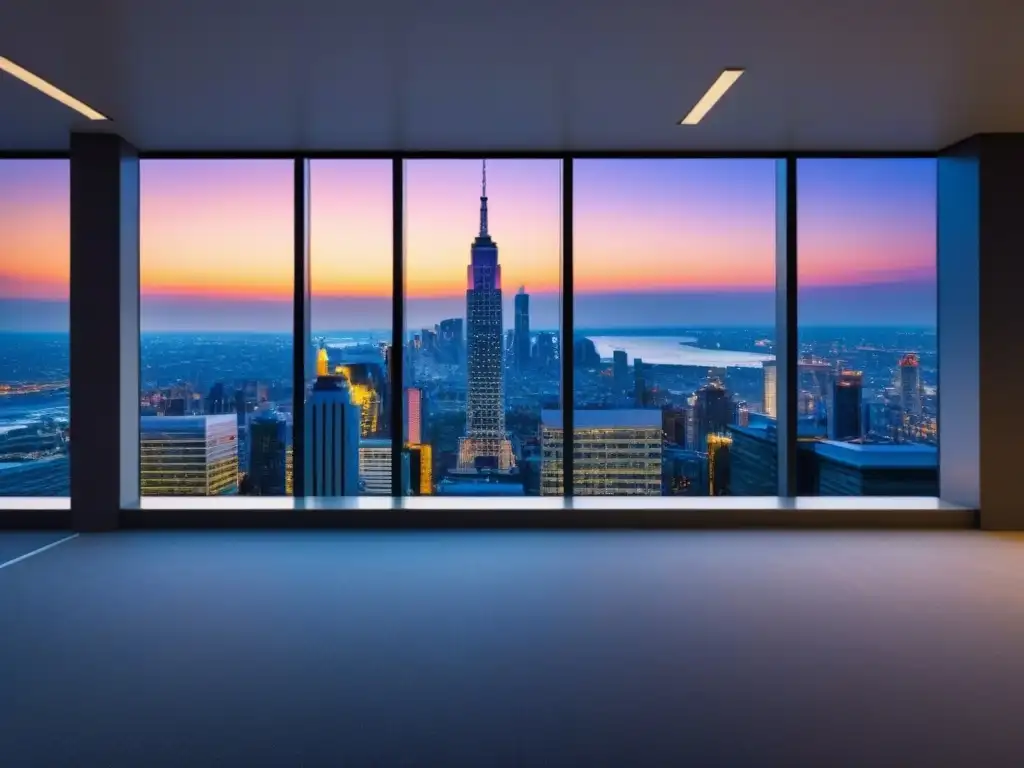Edificio de oficinas moderno en ciudad atardecer 8k Edificio moderno con ventanales que reflejan la ciudad al anochecer