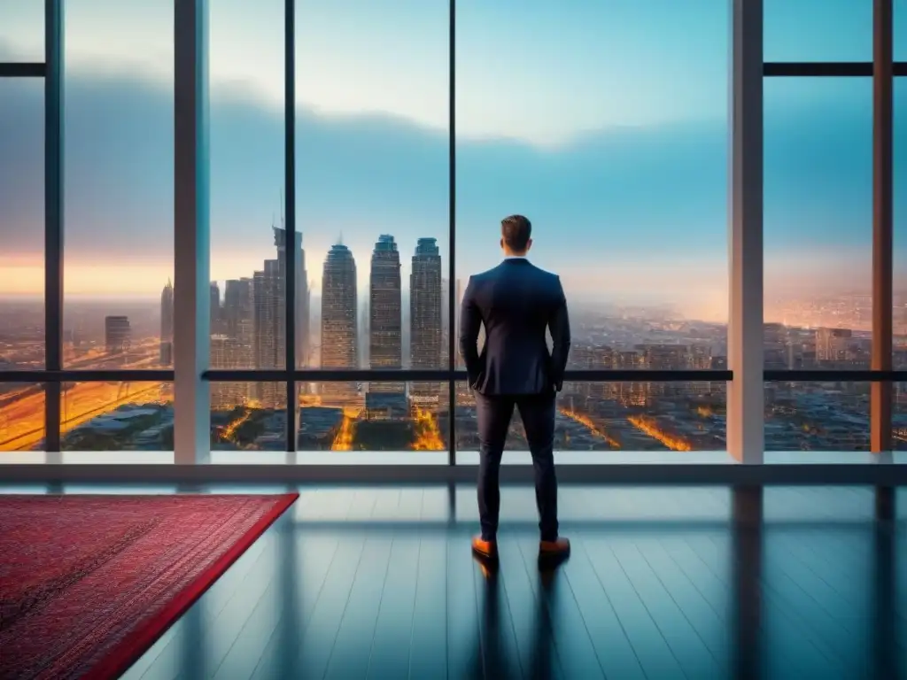 Inversión inmobiliaria: rascacielos moderno al atardecer Edificio moderno con ventanales de piso a techo reflejando la ciudad al atardecer, ideal para novatos en Fondos de inversión inmobiliaria