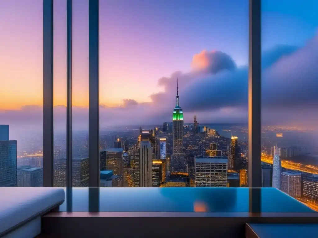 Edificio moderno con ventanales, reflejando la ciudad al anochecer Edificio moderno con ventanales reflectantes, destacando su diseño contemporáneo