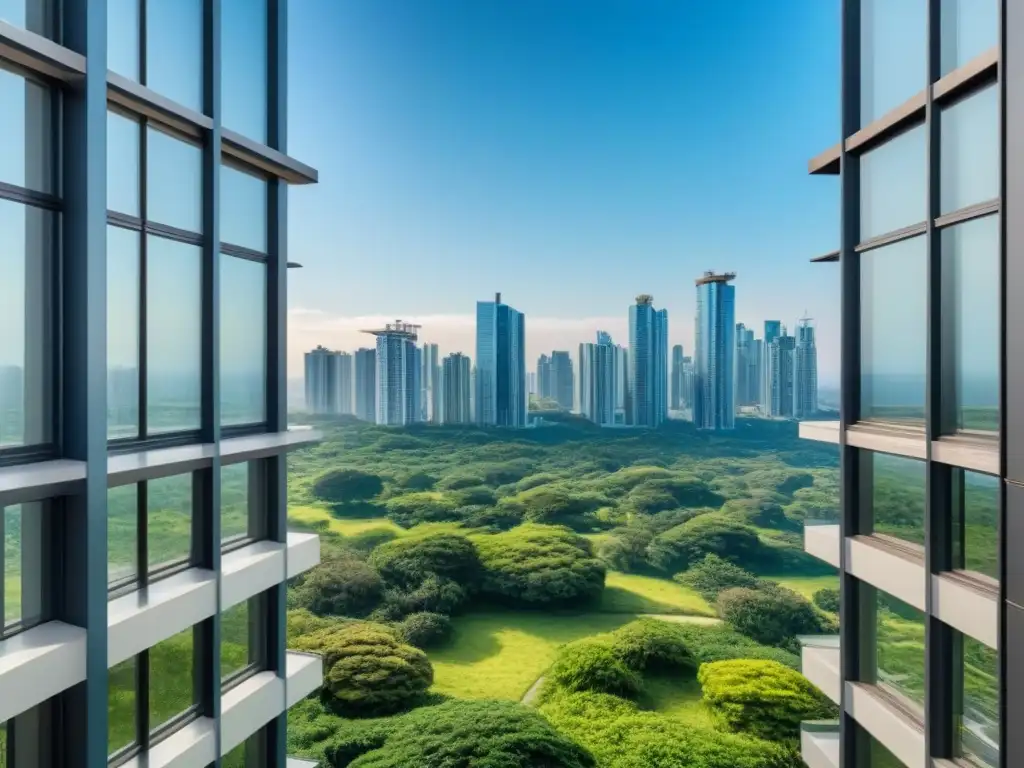Edificio moderno rodeado de naturaleza en ciudad vibrante Edificio moderno con ventanales reflectantes en un entorno urbano, estrategias inversión bienes raíces pasivas