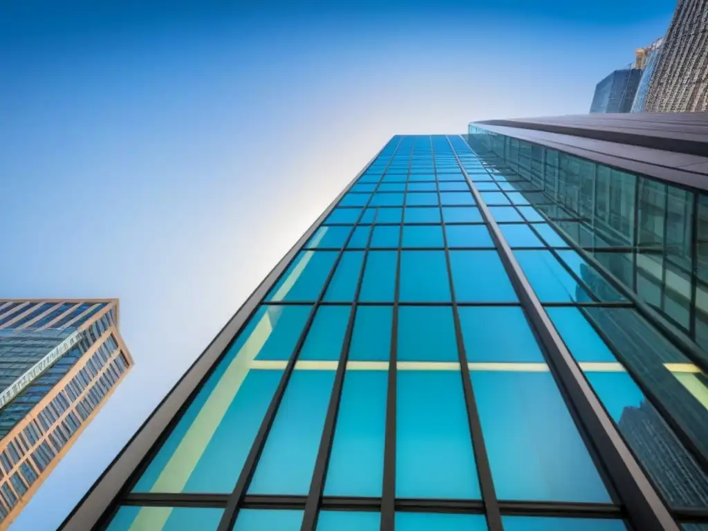 Edificio de oficinas moderno: reflejo de la ciudad vibrante Edificio moderno con ventanas de cristal de piso a techo, reflejando el vibrante paisaje urbano