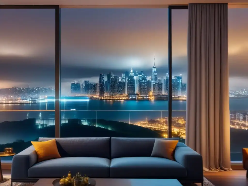Edificio de lujo en la ciudad: 8k de modernidad nocturna Un edificio moderno con ventanas de piso a techo reflejando una ciudad vibrante de noche, ideal para estrategias de inversiones inmobiliarias pasivas