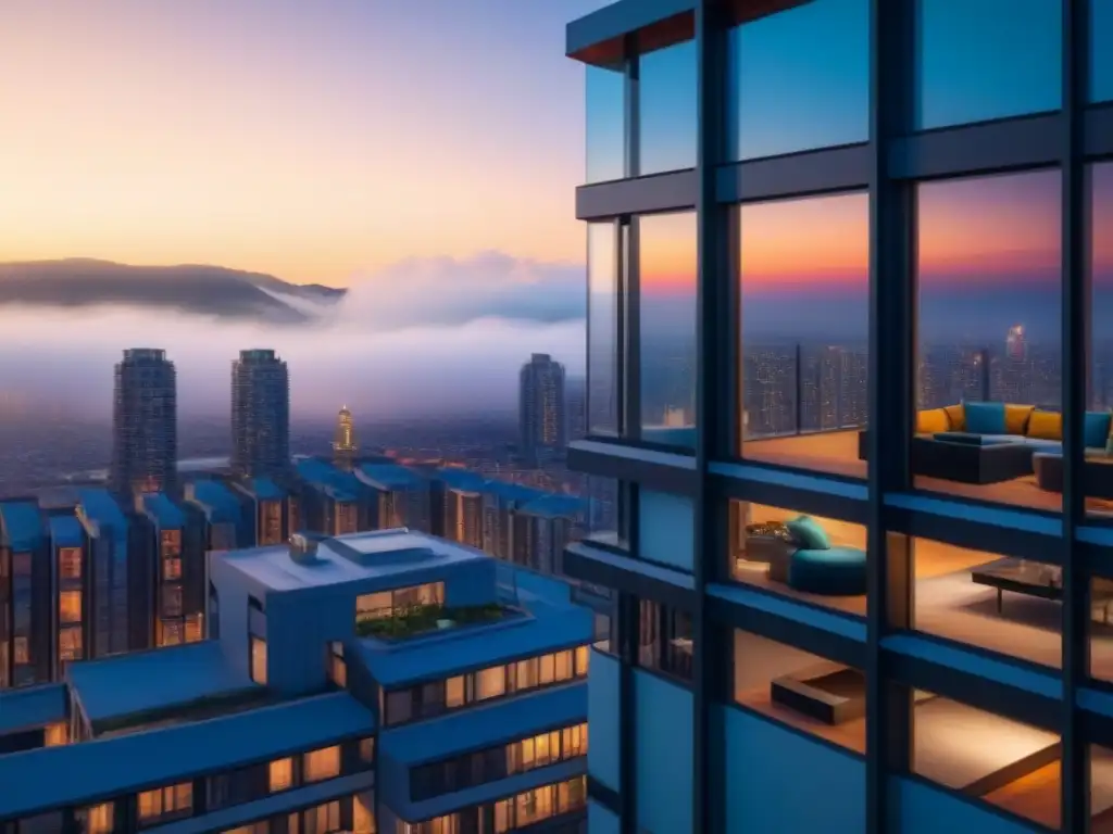 Inversión inmobiliaria: edificio moderno en ciudad al atardecer Edificio moderno con ventanas de piso a techo reflejando la ciudad al atardecer, ideal para estrategias inversión bienes raíces pasivas