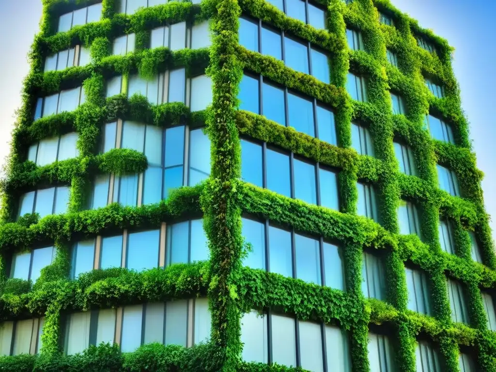 Edificio verde con jardín vertical: arquitectura urbana sostenible Edificio moderno con jardín vertical verde, integrando naturaleza en arquitectura urbana para combatir cambio climático