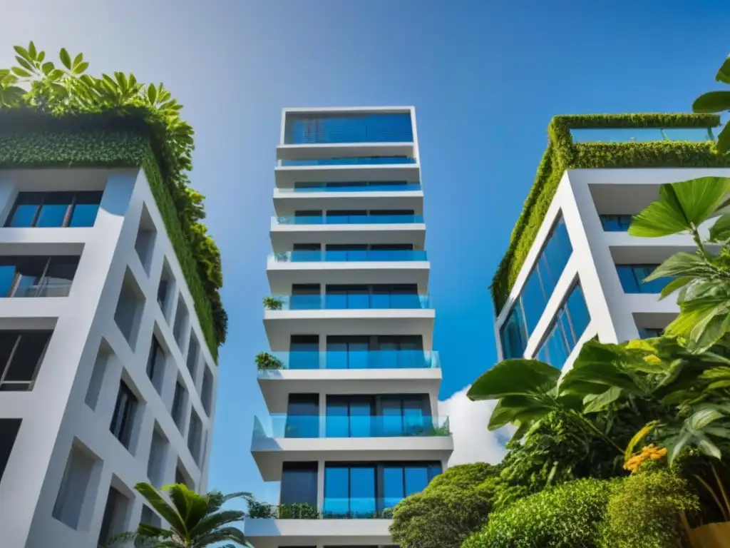 Rascacielos moderno en El Salvador: inversión prometedora Edificio moderno en El Salvador con vibrante ciudad y cielo azul