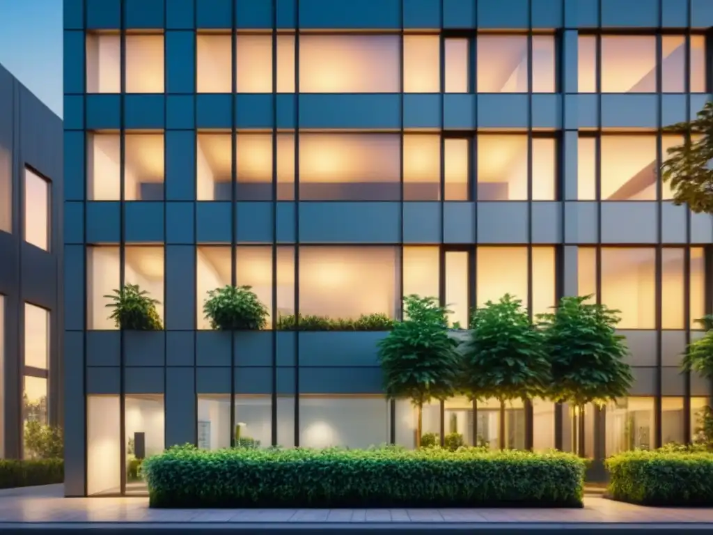 Oficina moderna con vista nocturna, reflejos y ambiente profesional Edificio moderno con vidrios reflejando la ciudad al atardecer