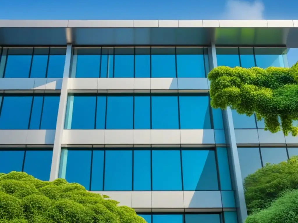Fachada moderna de oficina en 8K: elegancia y profesionalismo Edificio moderno con vidrios reflectantes y vegetación, conservación inmobiliaria marco legal