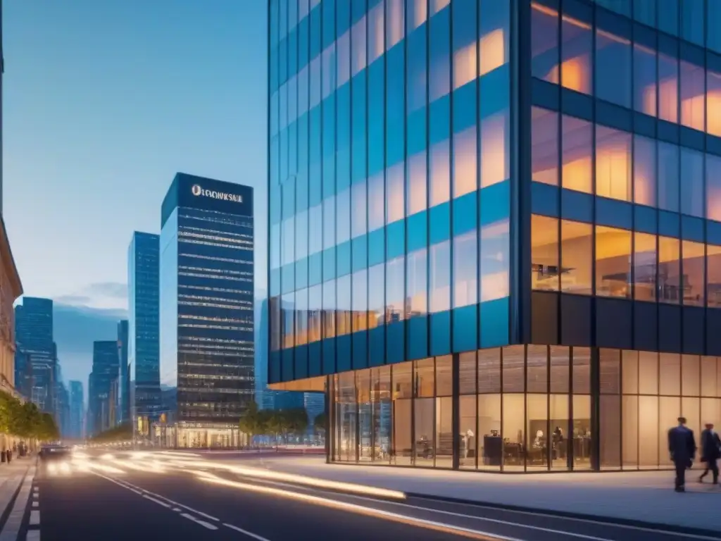 Edificio de oficinas contemporáneo con paredes de vidrio reflejando un vibrante paisaje urbano al anochecer, destacando la integración de los REITs en entornos urbanos, rodeado de calles concurridas y diversidad de peatones, iluminado por la cálida luz