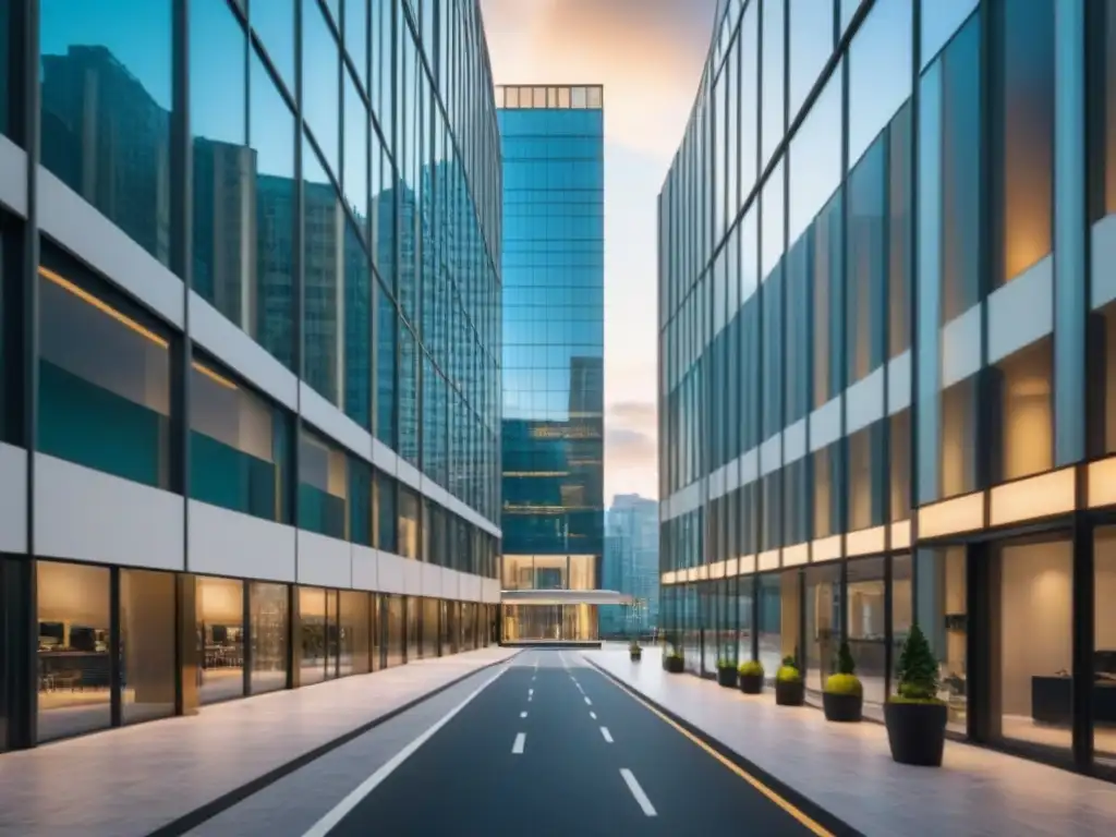 Edificio de oficinas de vidrio moderno reflejando la ciudad Edificio de oficinas de cristal reflejando la ciudad, simbolizando la importancia de la transparencia inmobiliaria