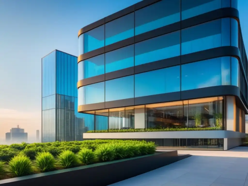 Edificio de oficinas futurista con diseño innovador y vistas urbanas Edificio de oficinas futurista con diseño innovador y reflejos de la ciudad
