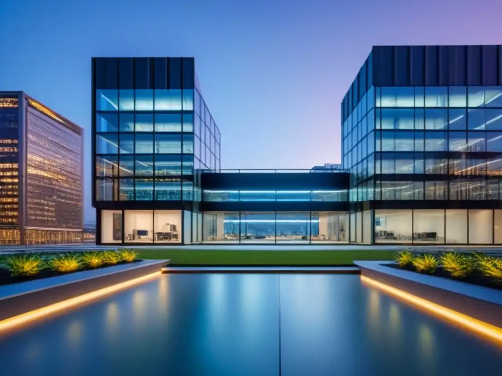 Edificio futurista con drones en la azotea y datos en tiempo real Un edificio de oficinas futurista con iluminación inteligente y drones entregando paquetes en la azotea, reflejando una ciudad digital al anochecer