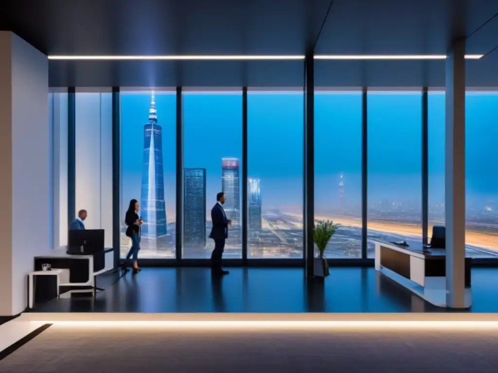 Innovación en inversión inmobiliaria: Edificio futurista con tecnología LED Edificio de oficinas futurista con tecnología en inversión inmobiliaria moderna, reflejando la ciudad de noche en sus ventanas de piso a techo