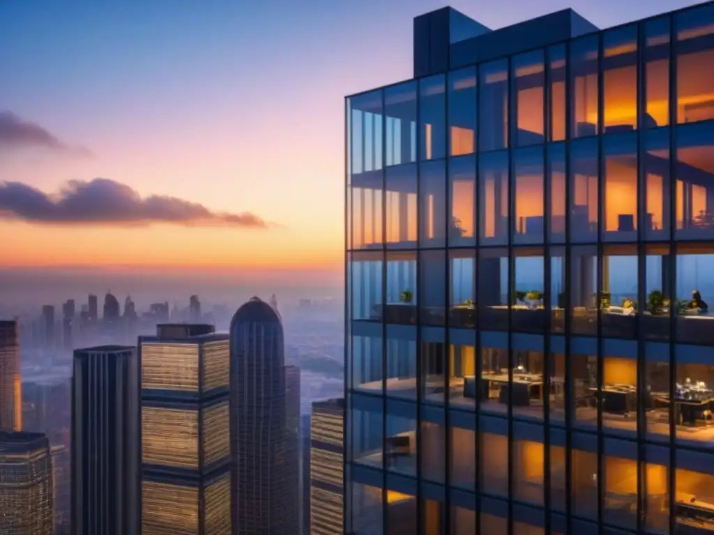 Edificio de oficinas moderno al atardecer en la ciudad Edificio de oficinas moderno en atardecer reflejando el sol, rodeado de rascacielos y luces de la ciudad, ideal para evaluación de activos inmobiliarios herramientas