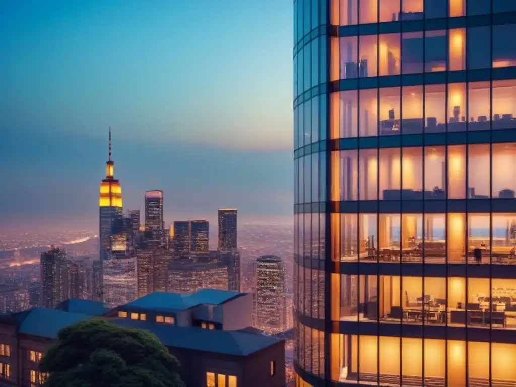 Edificio de oficinas moderno al atardecer: seguridad y profesionalismo Edificio de oficinas moderno al atardecer, con la ciudad iluminada por el cálido sol