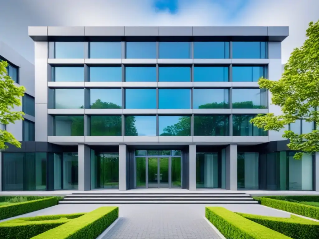 Elegante edificio de oficinas moderno rodeado de naturaleza Un edificio de oficinas moderno con diseño arquitectónico elegante y naturaleza alrededor