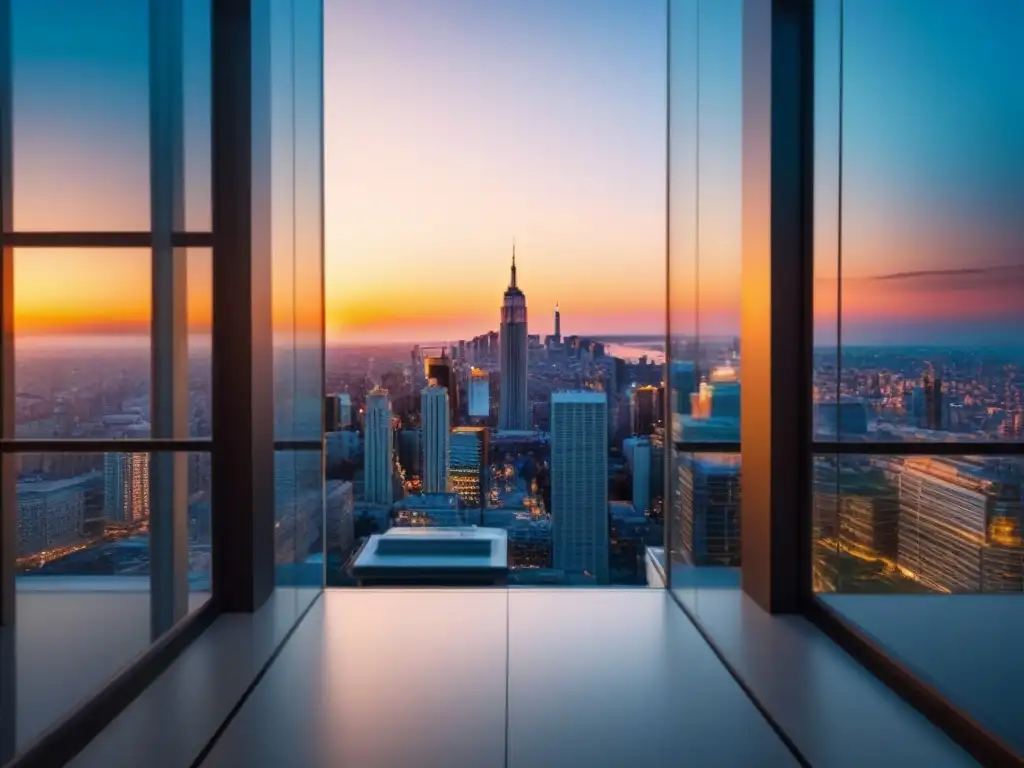 Edificio de oficinas moderno y elegante en la ciudad al atardecer Un edificio de oficinas moderno y elegante con ventanas de cristal de piso a techo, reflejando un paisaje urbano vibrante