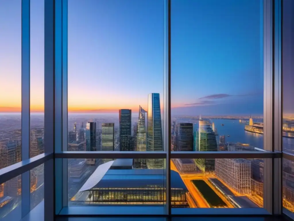 Edificio de oficinas moderno y sofisticado en la ciudad Edificio de oficinas moderno y elegante con ventanales de piso a techo que reflejan un vibrante panorama urbano al anochecer