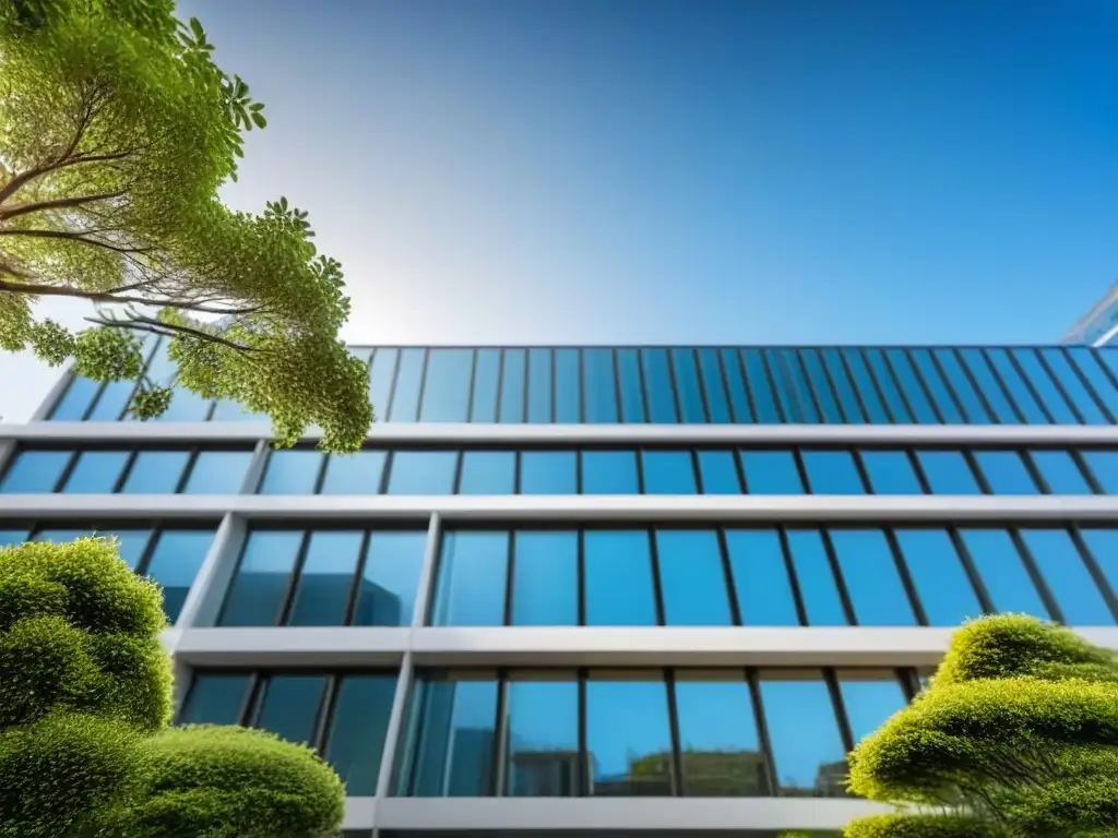 Edificio de oficinas moderno y transparente: símbolo de inversión ética en bienes raíces Un edificio de oficinas moderno y elegante con una fachada de cristal transparente, reflejando el cielo azul y rodeado de exuberante vegetación