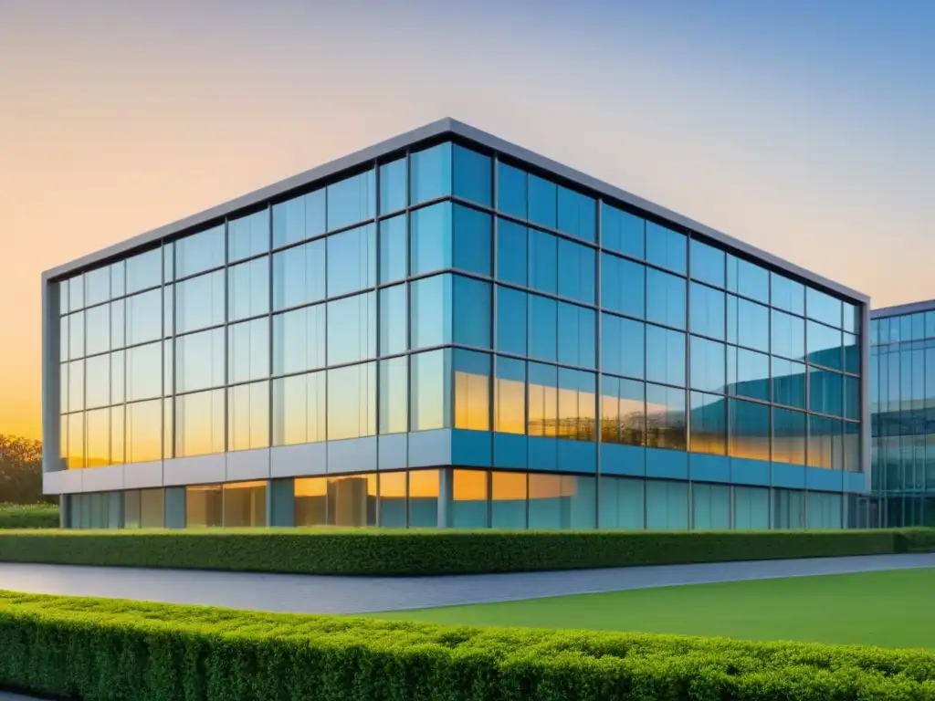 Edificio de oficinas moderno al atardecer: seguridad y protección Un edificio de oficinas moderno y elegante al atardecer, con ventanales reflectantes capturando los cálidos tonos del sol