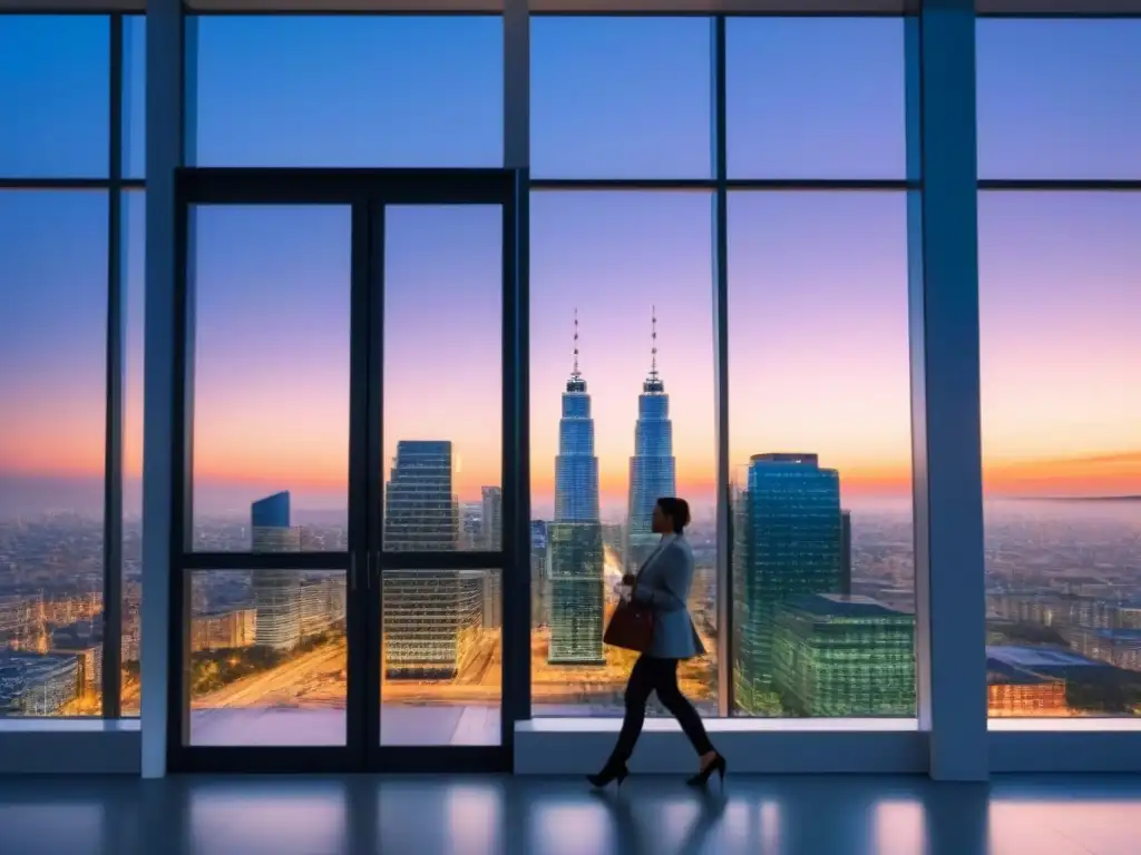 Edificio de oficinas moderno iluminado con vibrante ciudad al atardecer Un edificio de oficinas moderno y elegante con ventanales de piso a techo que reflejan el vibrante paisaje urbano al anochecer