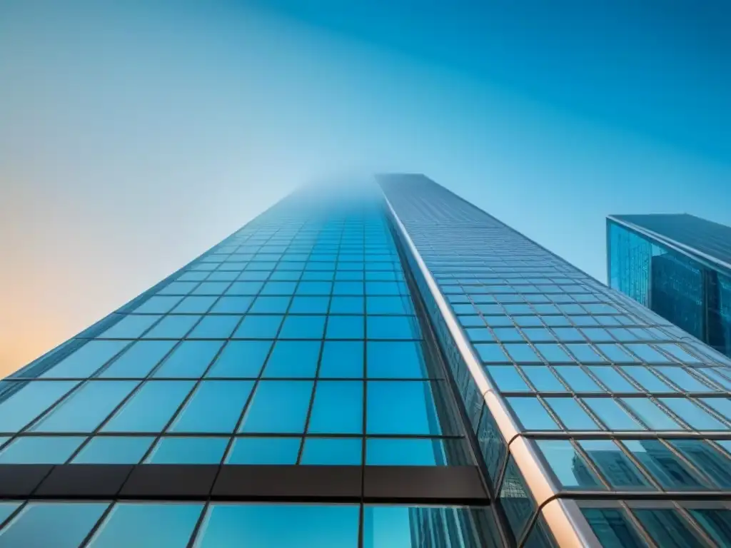 Edificio moderno y futurista reflejando éxito financiero en la ciudad Un edificio de oficinas moderno y elegante con ventanas de vidrio de piso a techo que reflejan el vibrante paisaje urbano
