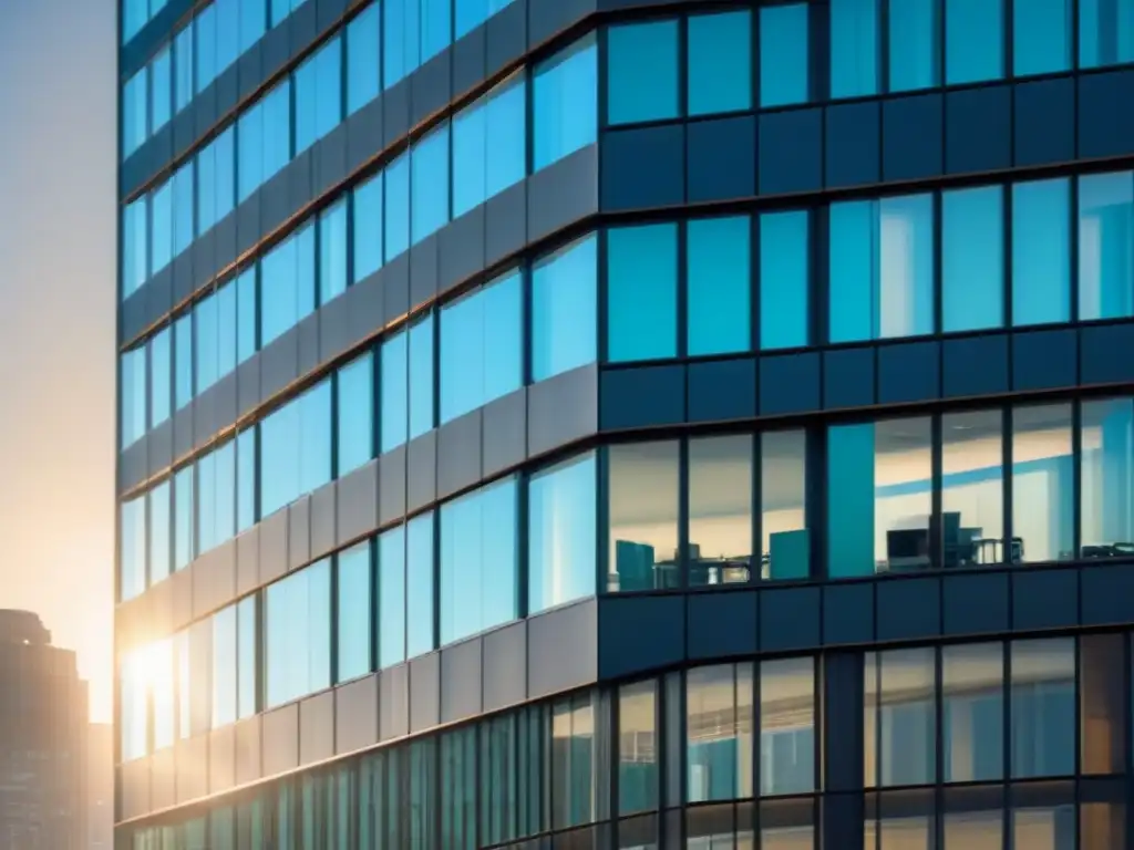 Edificio moderno de oficinas: reflejos urbanos en vidrio Un edificio de oficinas moderno con fachada de vidrio reflejando la ciudad