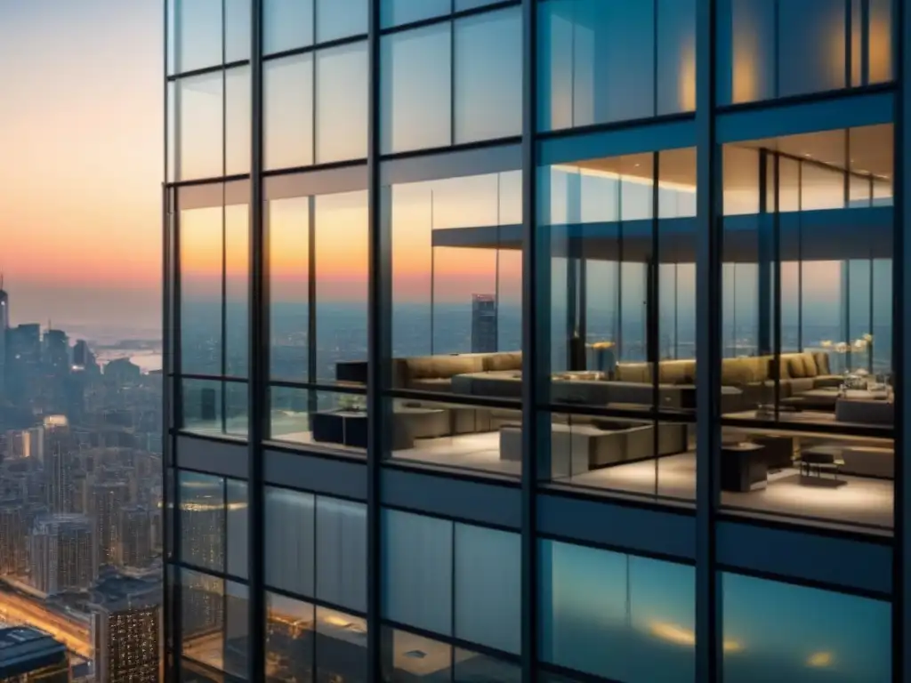 Edificio moderno de oficinas: transparencia financiera Edificio de oficinas moderno de lujo con paredes de vidrio transparente reflejando el horizonte urbano, destacando la importancia de la transparencia financiera en proyectos inmobiliarios
