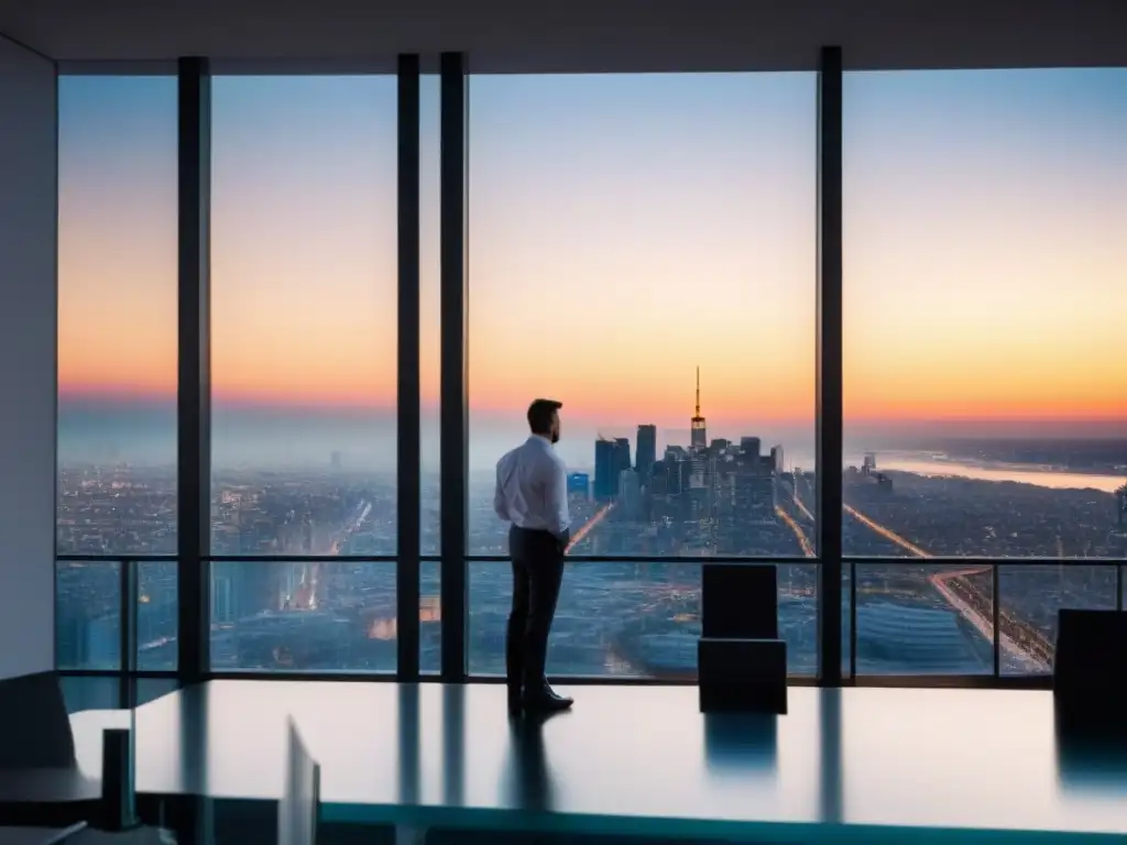 Edificio de oficinas de lujo: reflejo urbano al atardecer Un edificio de oficinas moderno y lujoso con ventanales de piso a techo reflejando un vibrante horizonte urbano al atardecer