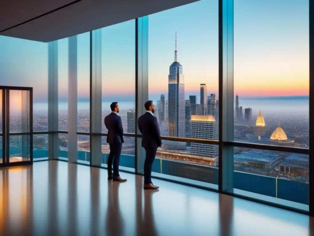 Un edificio de oficinas moderno y lujoso con ventanales de piso a techo que reflejan un vibrante paisaje urbano