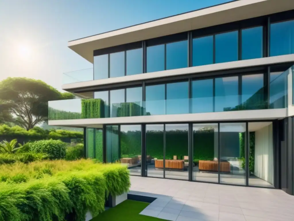 Edificio ecofriendly con paneles solares y vegetación exuberante Un edificio de oficinas moderno y lujoso con fachada de vidrio, rodeado de vegetación y paneles solares en el techo